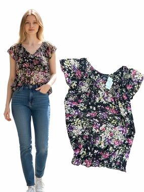 100% Silk Floral Blouse Black Multicolor Smocked Top M